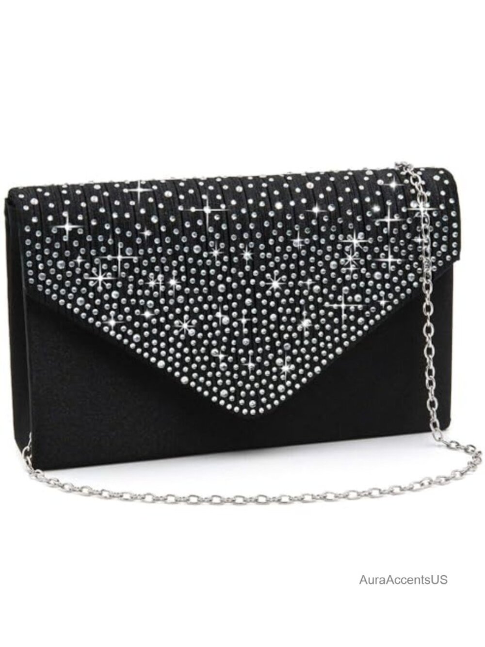 Rhinestone Satin Pleated Envelope Clutch Evening Bag with Detachable Chain